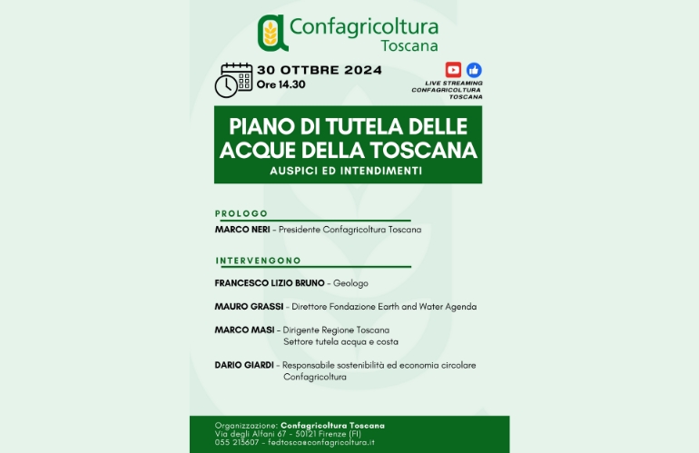 Confagricoltura Toscana: evento online sull’acqua il 30 ottobre